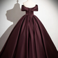 Dark Burgundy Satin Elegant A-Line Off Shoulder Evening Gown Formal Party Dress MD7178