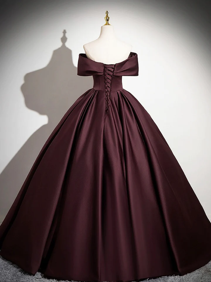Dark Burgundy Satin Elegant A-Line Off Shoulder Evening Gown Formal Party Dress MD7178