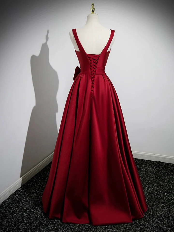 Red Satin Long Prom Dress with Flowers Elegant A-Line Enening Gown MD7183