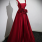 Red Satin Long Prom Dress with Flowers Elegant A-Line Enening Gown MD7183