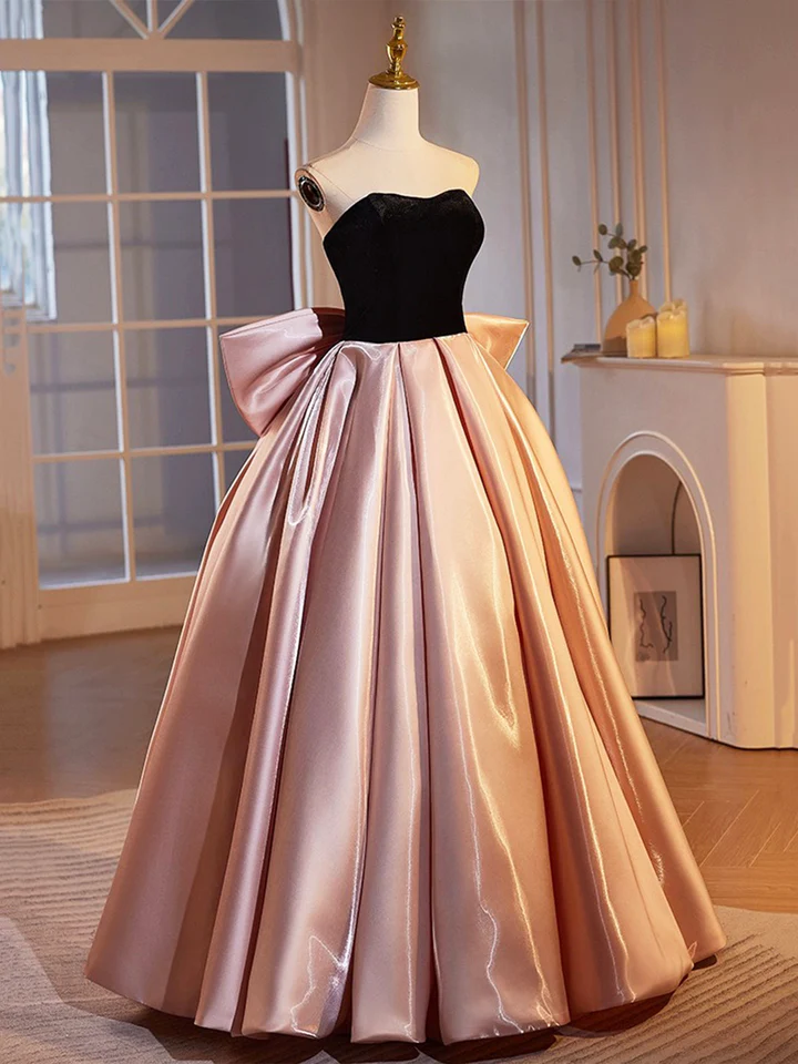 Black Velvet and Pink Satin Beautiful A-Line Strapless Party Dress Evening Gown MD7187