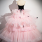 Pink Tulle and Black Velvet Strapless Party Gown Ruffles Formal Evening Dress MD7188