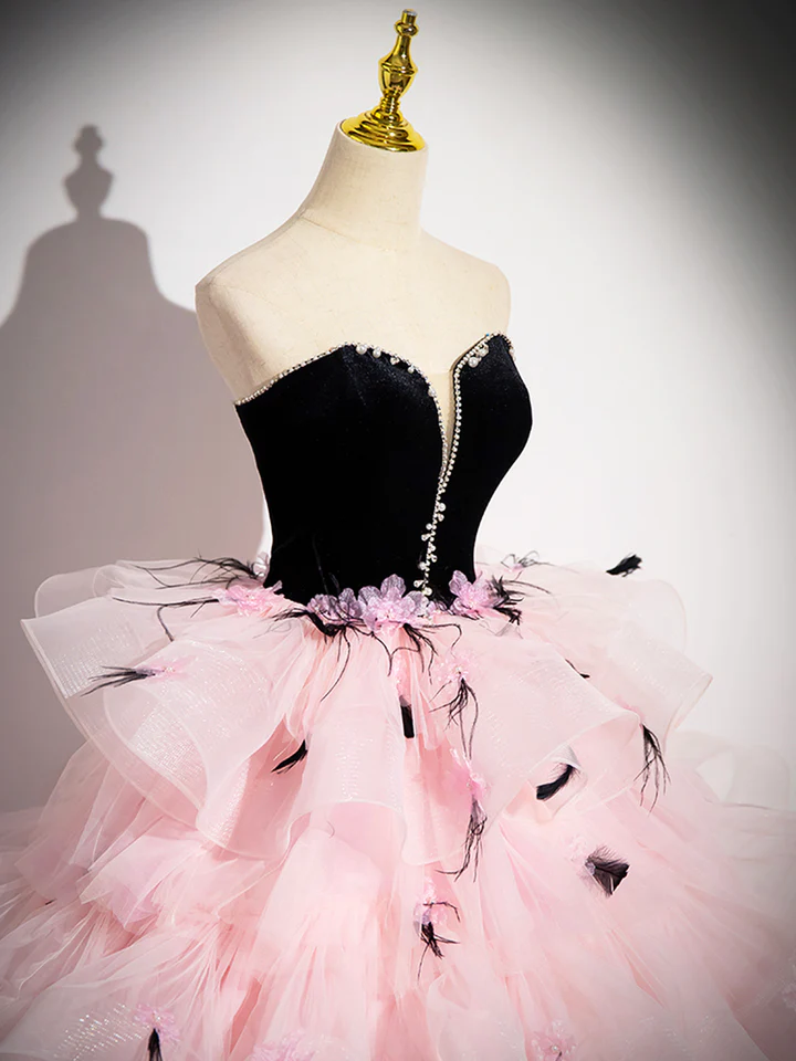 Pink Tulle and Black Velvet Strapless Party Gown Ruffles Formal Evening Dress MD7188