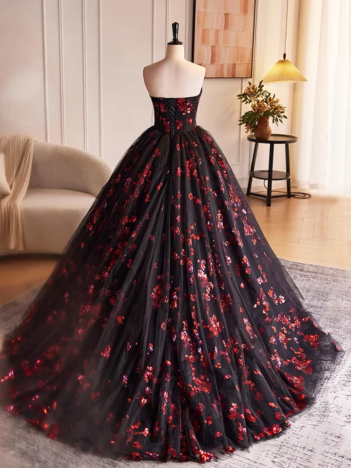 Black Tulle and Red Sequins A-Line Strapless Formal Party Dress Evening Gown MD7190
