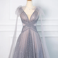 Gray Tulle V-Neck A-Line Backless Elegant Evening Party Dress MD7192