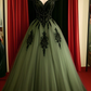 Green Gothic A-Line Tulle Off Shoulder Long Formal Prom Dress MD7173