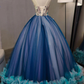 Unique V Neck A-Line Tulle Long Prom Gown Sweet 16 Dress MD7174