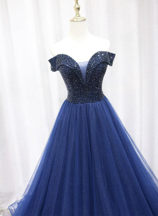 Blue tulle beaded long prom gown formal dress M2314