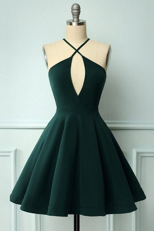 Elegant Halter Neck Dark Green Short Prom Dress, Dark Green Formal Graduation Homecoming Dress M2857