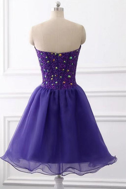 Sweetheart Neck Beaded Dark Purple Short Prom Dress, Strapless Dark Purple Homecoming Dress, Dark Purple Beaded Formal Evening Dress M2656