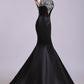 Black Mermaid Sleeveless Beaded Satin Prom Dress, Long Evening Dresses M1507