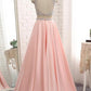 A Line Round Neck Two Pieces Beaded Pink Prom Dresses, Two Pieces Pink Formal Dresses, Pink Evening Dresses M3131
