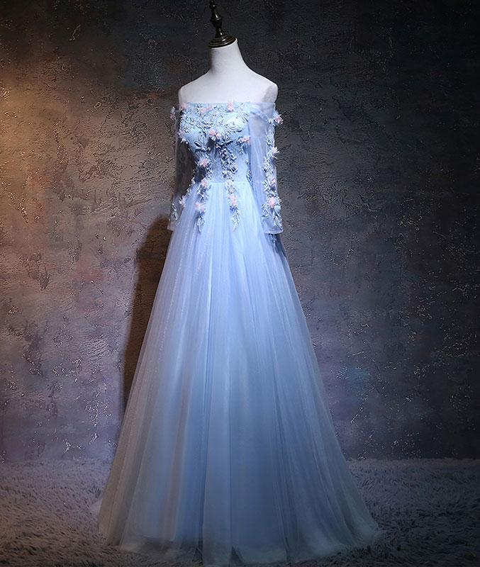 Unique tulle lace applique long prom dress, blue evening dress M4851