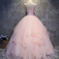 Pink round neck tulle lace applique long prom dress, pink evening dress M4834