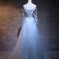 Unique tulle lace applique long prom dress, blue evening dress M4851