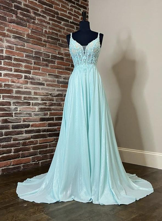 Blue lace long prom dress blue evening dress M2368