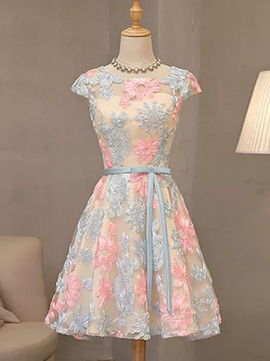 Round Neck Colorful Short Cap Sleeves Lace Prom Dresses, Short Colorful Lace Graduation Homecoming Dresses M2490