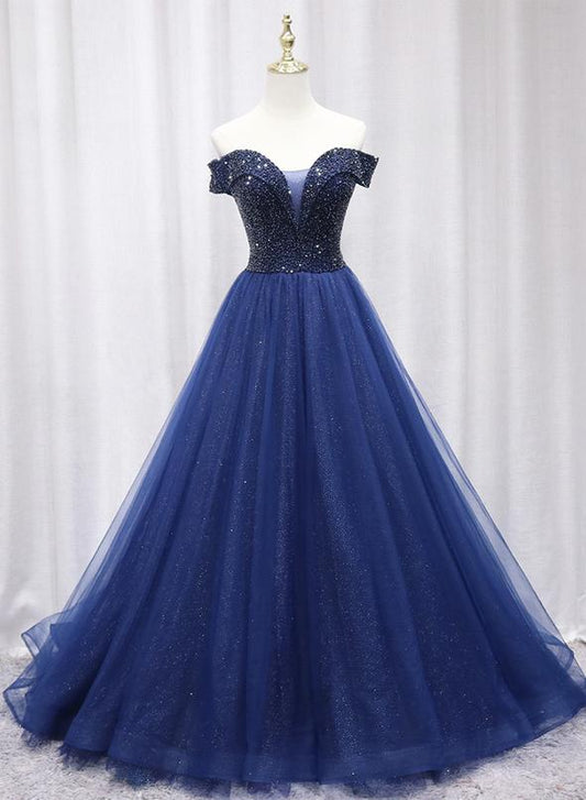 Blue tulle beaded long prom gown formal dress M2314