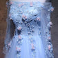 Unique tulle lace applique long prom dress, blue evening dress M4851