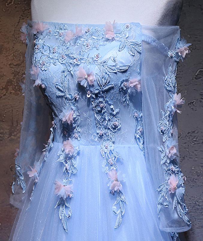 Unique tulle lace applique long prom dress, blue evening dress M4851