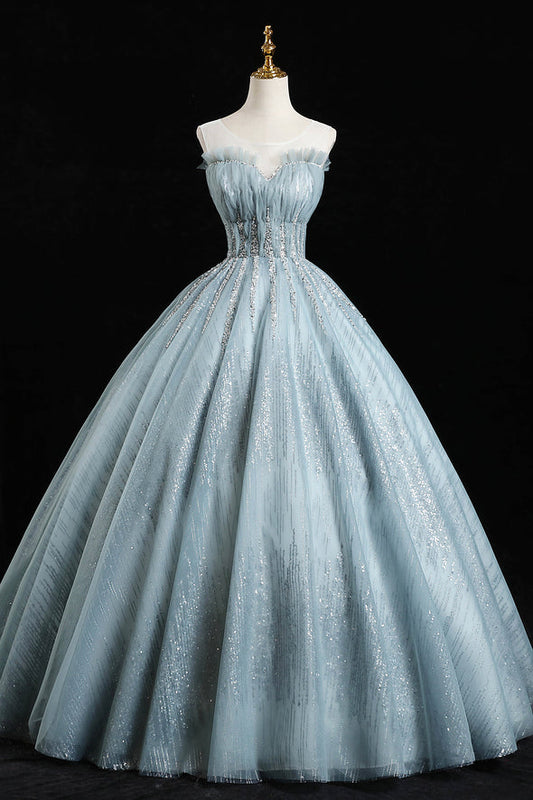 Blue tulle sequins long prom dress A line formal dress M5305