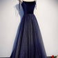 Blue velvet tulle long prom dress A line evening dress M5327