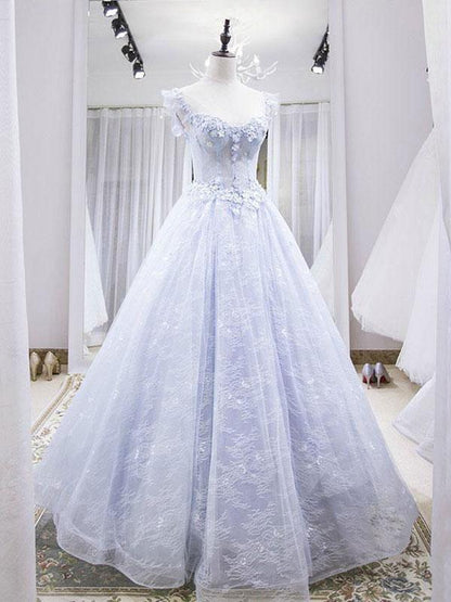 Light blue tulle lace long prom dress, blue evening dress M5807