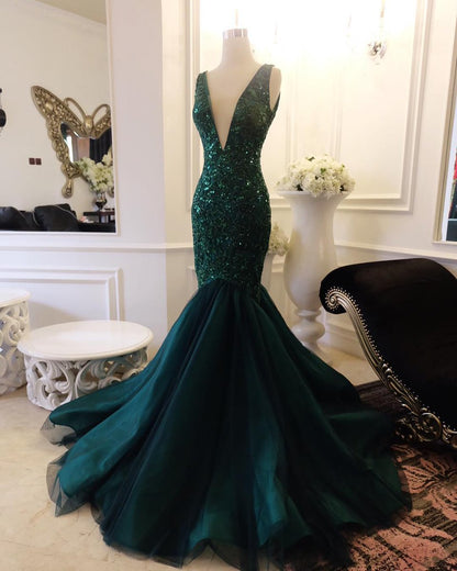 Sleeveless Plunging V Sequined Mermaid Tulle Prom Dress, Evening Dress M5567
