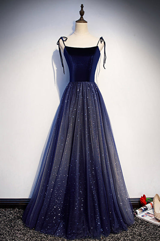 Blue velvet tulle long prom dress A line evening dress M5327