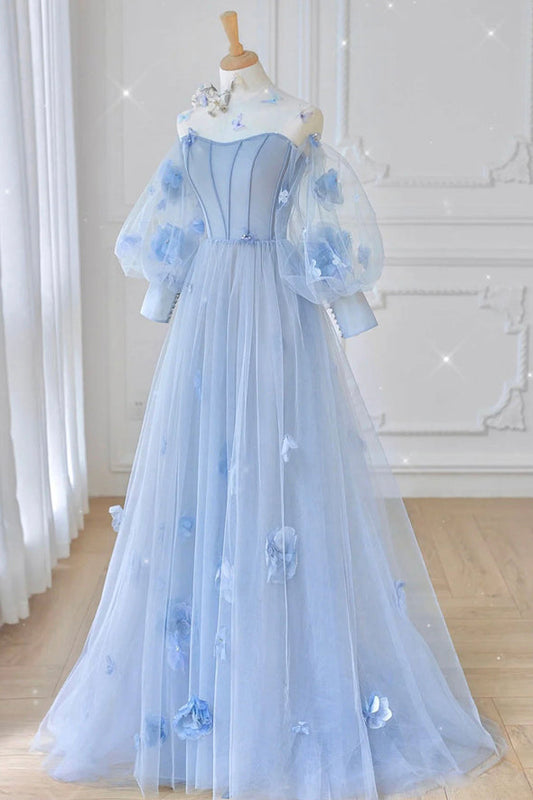 Blue tulle long sleeve prom dress blue evening dress M5344