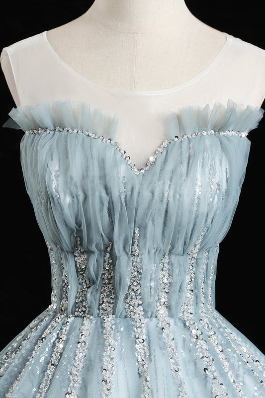 Blue tulle sequins long prom dress A line formal dress M5305