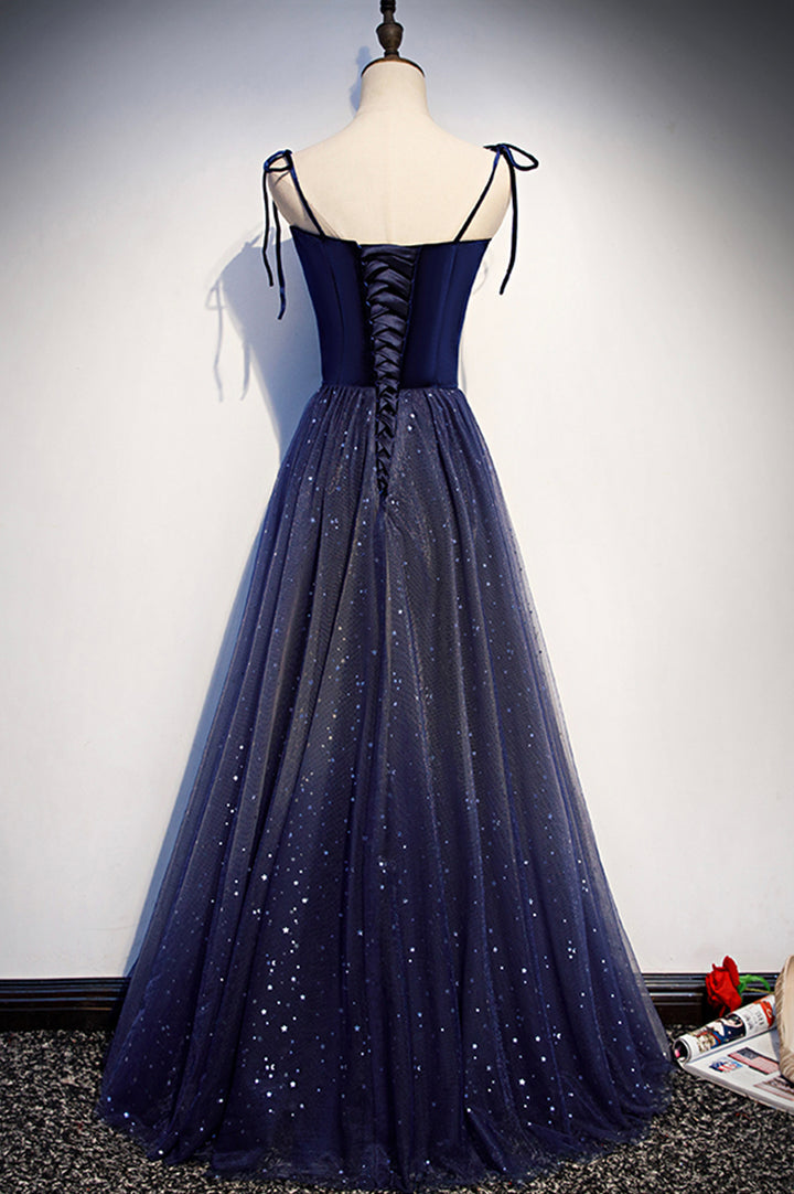 Blue velvet tulle long prom dress A line evening dress M5327