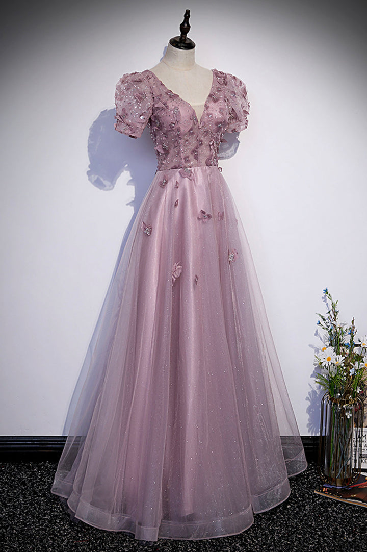 Pink tulle long prom dress pink evening dress M5346