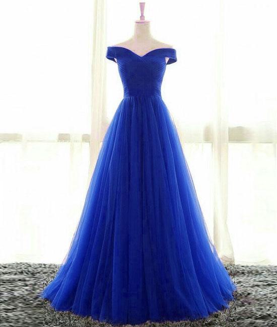 Simple sweetheart tulle blue long prom dress, blue evening dress M4839