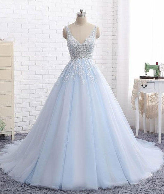 Blue v neck tulle lace long prom dress, blue evening dress M4854