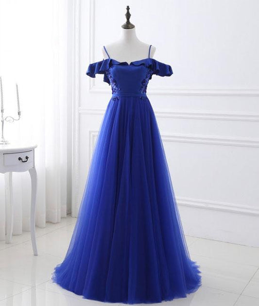 Blue tulle off shoulder long prom dress, blue evening dress M4783