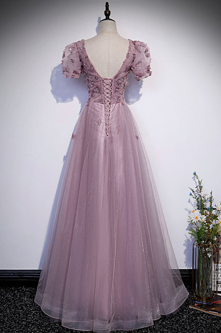 Pink tulle long prom dress pink evening dress M5346