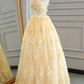 Yellow Prom Dresses,Lace Prom Dresses,Long Prom Dress,A-line Evening Dress,Senior Prom Dress,Halter Evening Dress M6015