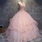 Pink round neck tulle lace applique long prom dress, pink evening dress M4834