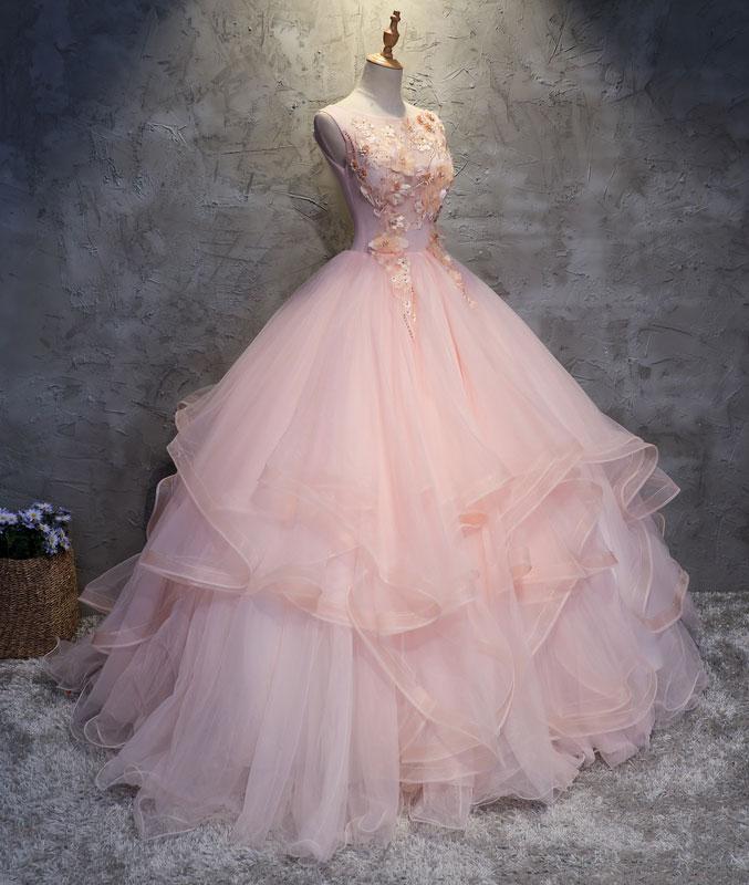 Pink round neck tulle lace applique long prom dress, pink evening dress M4834