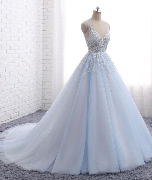 Blue v neck tulle lace long prom dress, blue evening dress M4854