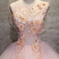 Pink round neck tulle lace applique long prom dress, pink evening dress M4834