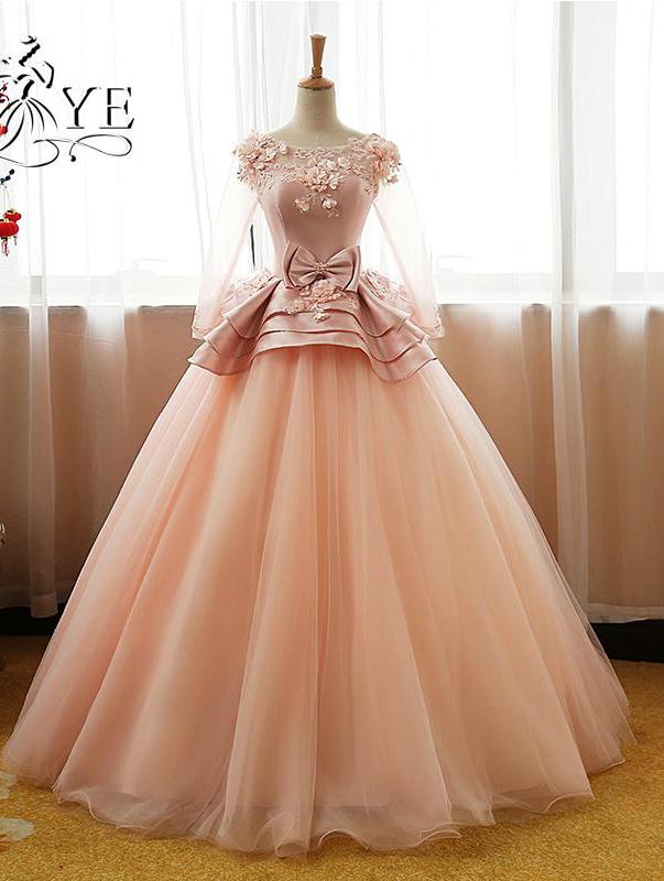 Ball Gown Long Sleeve Tulle Prom Dress with Flowers, Puffy Quinceanera Dresses M1440