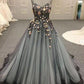 Gray Spaghetti Straps Sweetheart Long 3D Floral Cheap Tulle Prom Dresses M1401