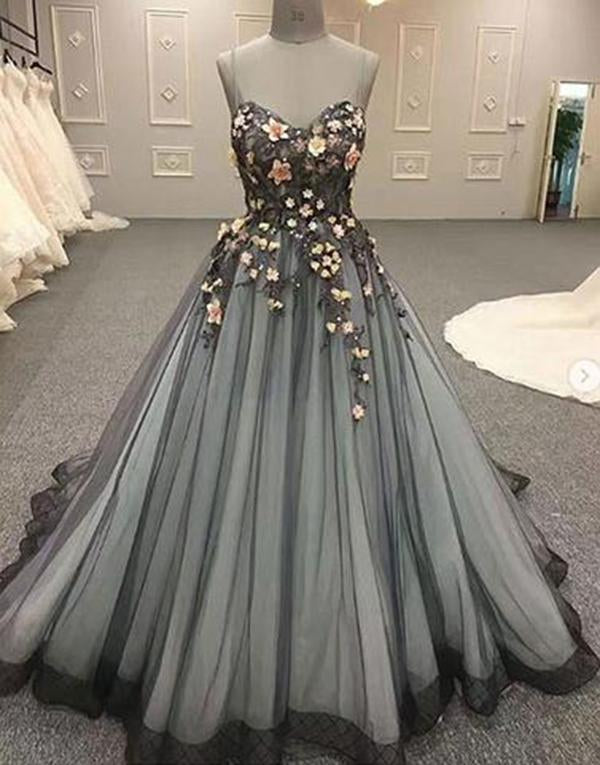 Gray Spaghetti Straps Sweetheart Long 3D Floral Cheap Tulle Prom Dresses M1401