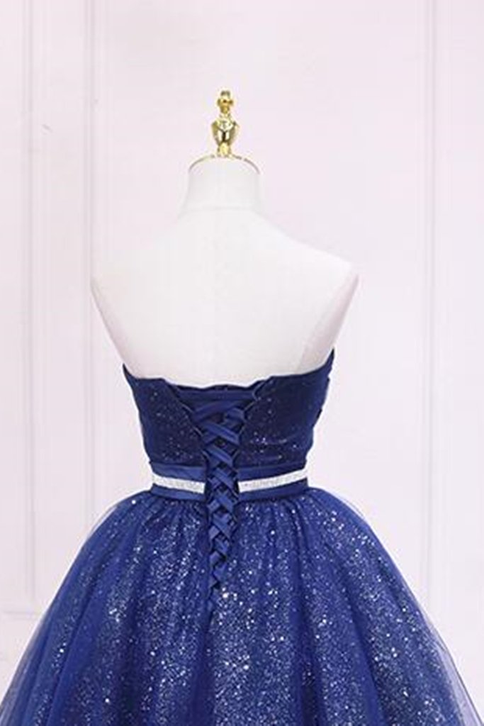 Shiny Strapless Sweetheart Neck Blue Short Prom Homecoming Dress with Belt, Sparkly Blue Formal Evening Dress M2684