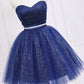 Shiny Strapless Sweetheart Neck Blue Short Prom Homecoming Dress with Belt, Sparkly Blue Formal Evening Dress M2684