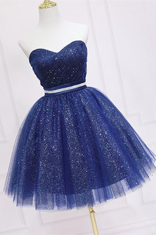 Shiny Strapless Sweetheart Neck Blue Short Prom Homecoming Dress with Belt, Sparkly Blue Formal Evening Dress M2684
