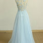 A Line Round Neck Baby Blue Lace Long Prom Dress with Butterfly, Baby Blue Lace Formal Graduation Evening Dress M2801