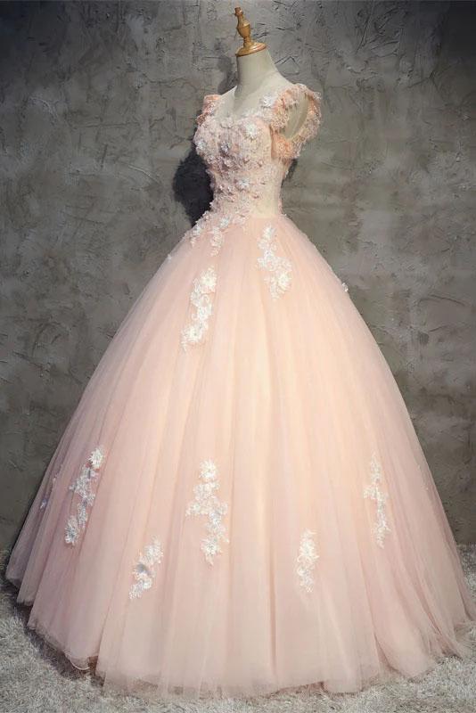 Light Peach Tulle Long Prom Dress with Flowers, Princess Ball Gown Sheer Neck Party Dress M1807